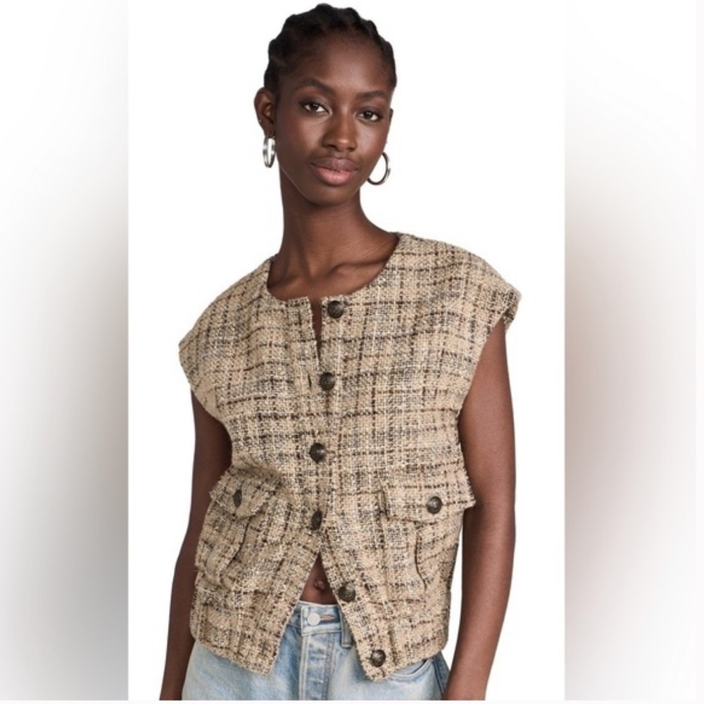 L’AGENCE Camel Tweed Sleeveless Vest in Brown. Size L . New